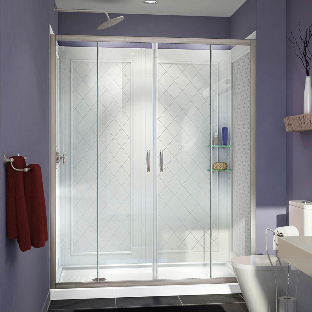 Dreamline Showers DreamLine Visions 34 in. D x 60 in. W x 76 3/4 in. H Sliding Shower Door in Brushed Nickel with Left Drain White Base, Backwalls