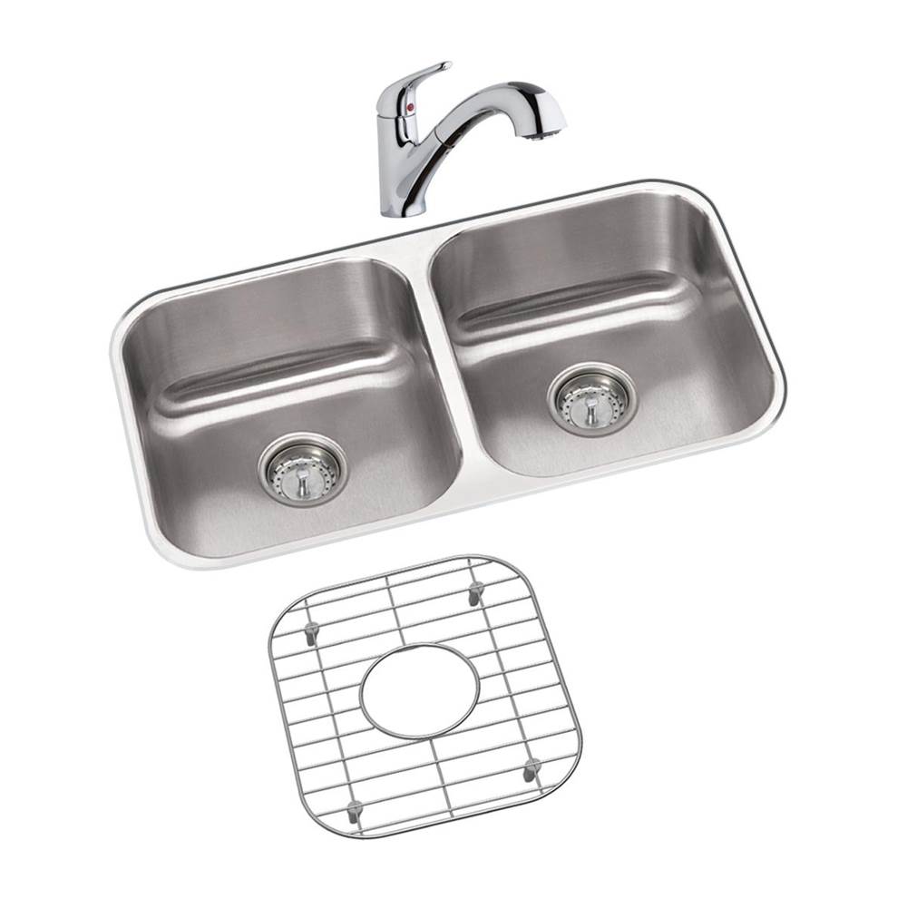 Elkay Dayton Stainless Steel 31-3/4'' x 18-1/4'' x 8'', Equal Double Bowl Undermount Sink and Faucet Kit with Bottom Grid