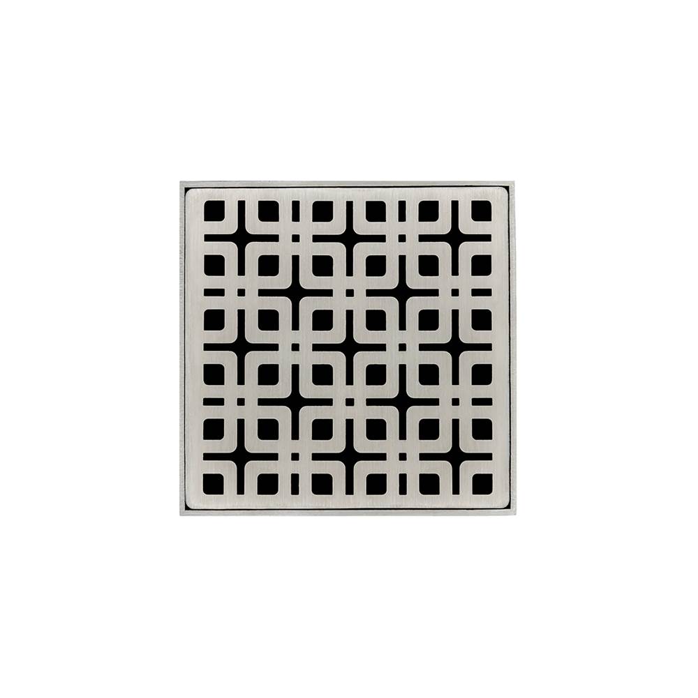 Infinity Drain 4'' x 4'' KD 4 Complete Kit with Link Pattern Decorative Plate in Satin Stainless with Cast Iron Drain Body, 2'' Outlet