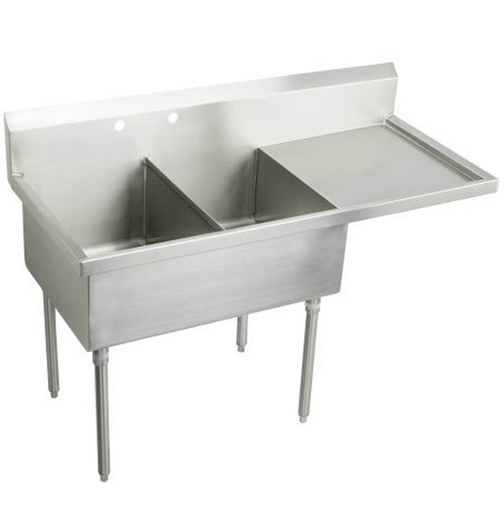 Just Manufacturing Stainless Steel 55-1/2'' x 27-1/2'' x 14'' Floor Mount Double 2-Hole Scullery Sink w/R Drainboard Coved Corners