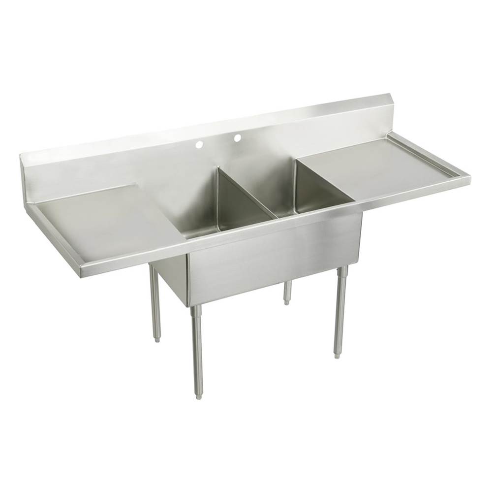 Just Manufacturing Stainless Steel 96'' x 27-1/2'' x 14'' Floor Mount Double 2-Hole Scullery Sink w/LandR Drainboards Coved Corners