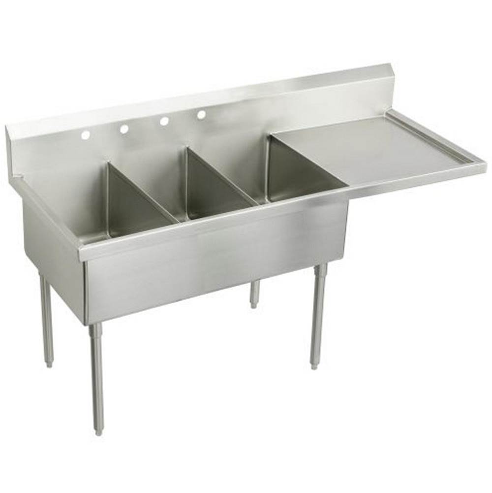 Just Manufacturing Stainless Steel 70-1/2'' x 27-1/2'' x 14'' Floor Mount Triple 4-Hole Scullery Sink w/R Drainboard Coved Corners