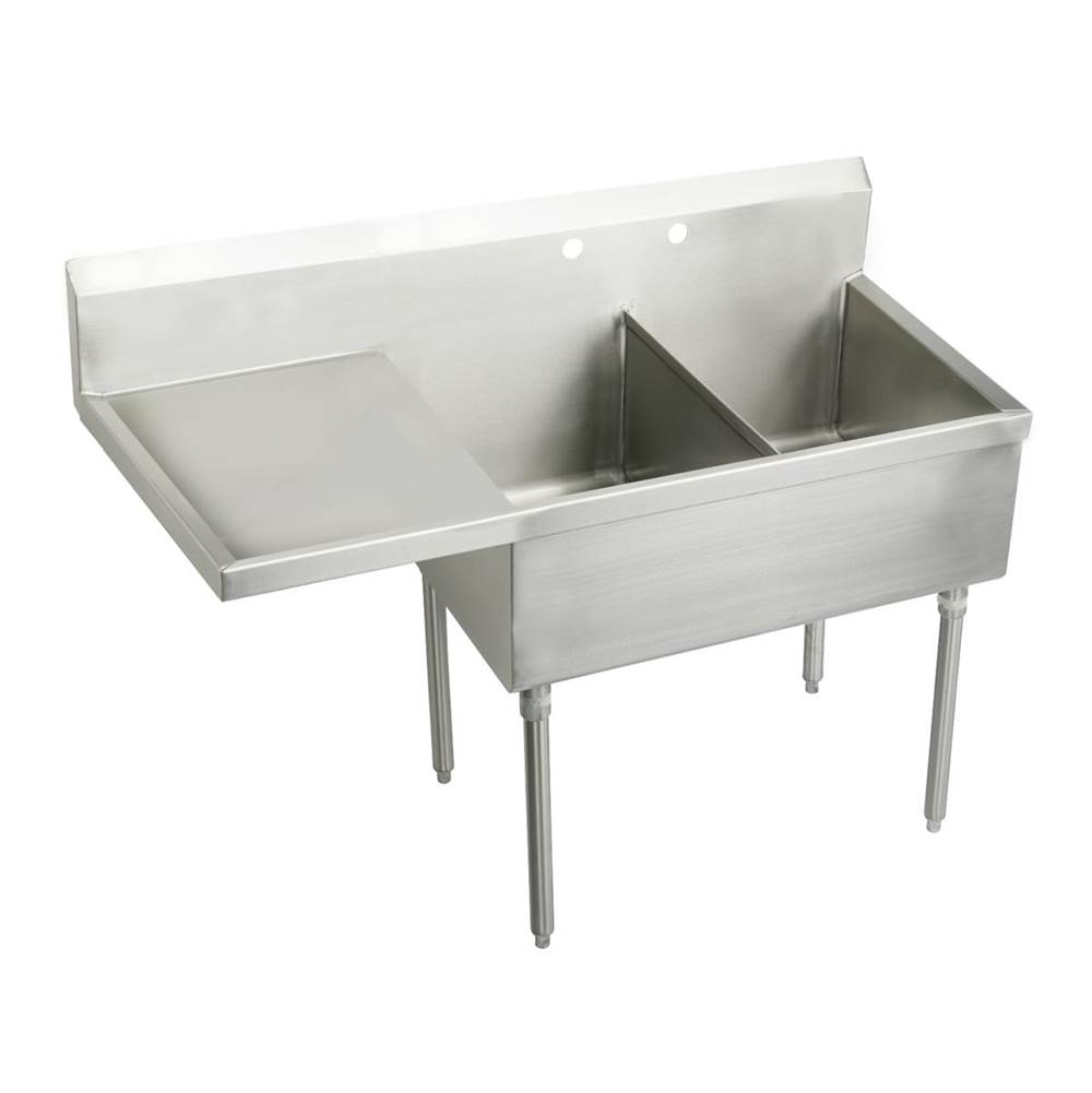 Just Manufacturing Stainless Steel 61-1/2'' x 27-1/2'' x 14'' Floor Mount Double Compartment 4-Hole Scullery Sink w/Left Drainboard