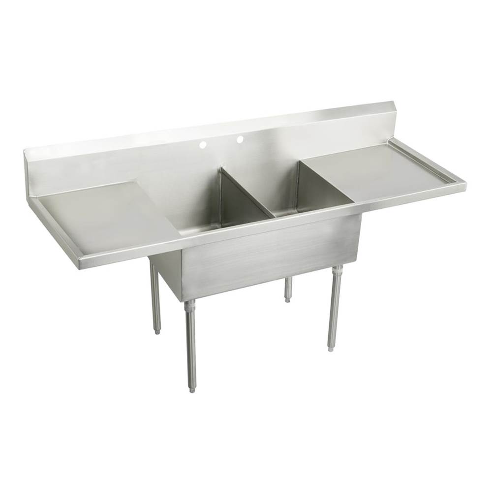 Just Manufacturing Stainless Steel 84'' x 27-1/2'' x 14'' Floor Mount Double Compartment 2-Hole Scullery Sink w/LandR Drainboards