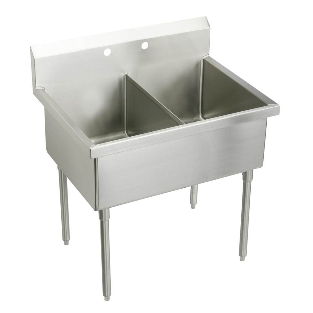 Just Manufacturing Stainless Steel 90'' x 27-1/2'' x 14'' Floor Mount Double Compartment 2-Hole Scullery Sink w/LandR Drainboards