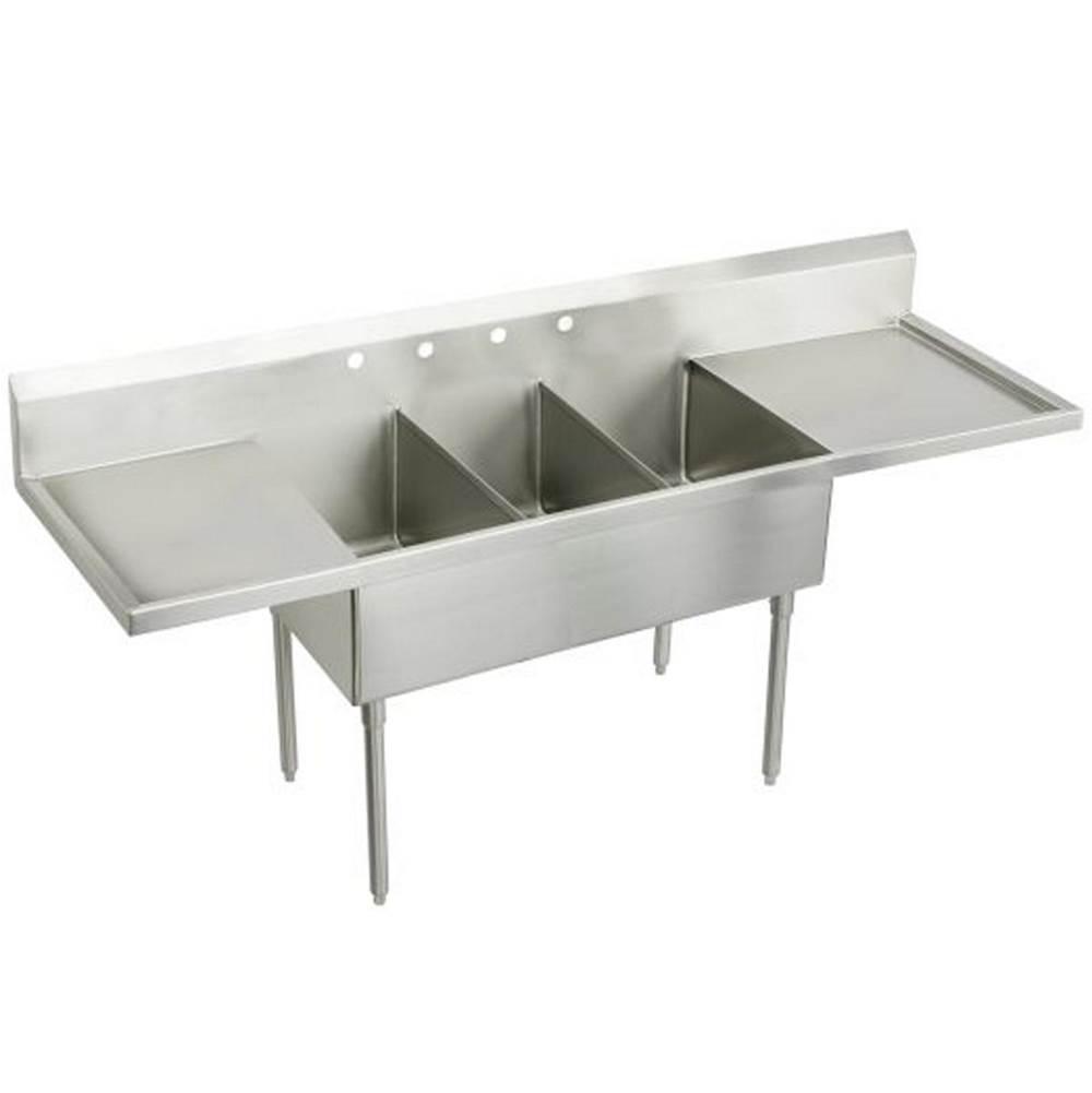 Just Manufacturing Stainless Steel 120'' x 27-1/2'' x 14'' Floor Mount Triple Compartment 4-Hole Scullery Sink w/Drainboard