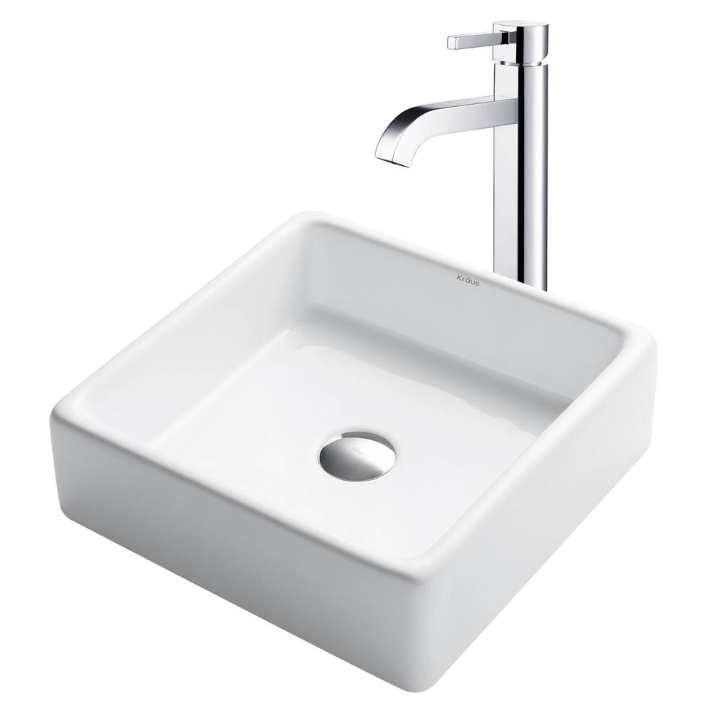 Kraus 15-inch Square White Porcelain Ceramic Bathroom Vessel Sink and Ramus Faucet Combo Set with Pop-Up Drain, Chrome Finish