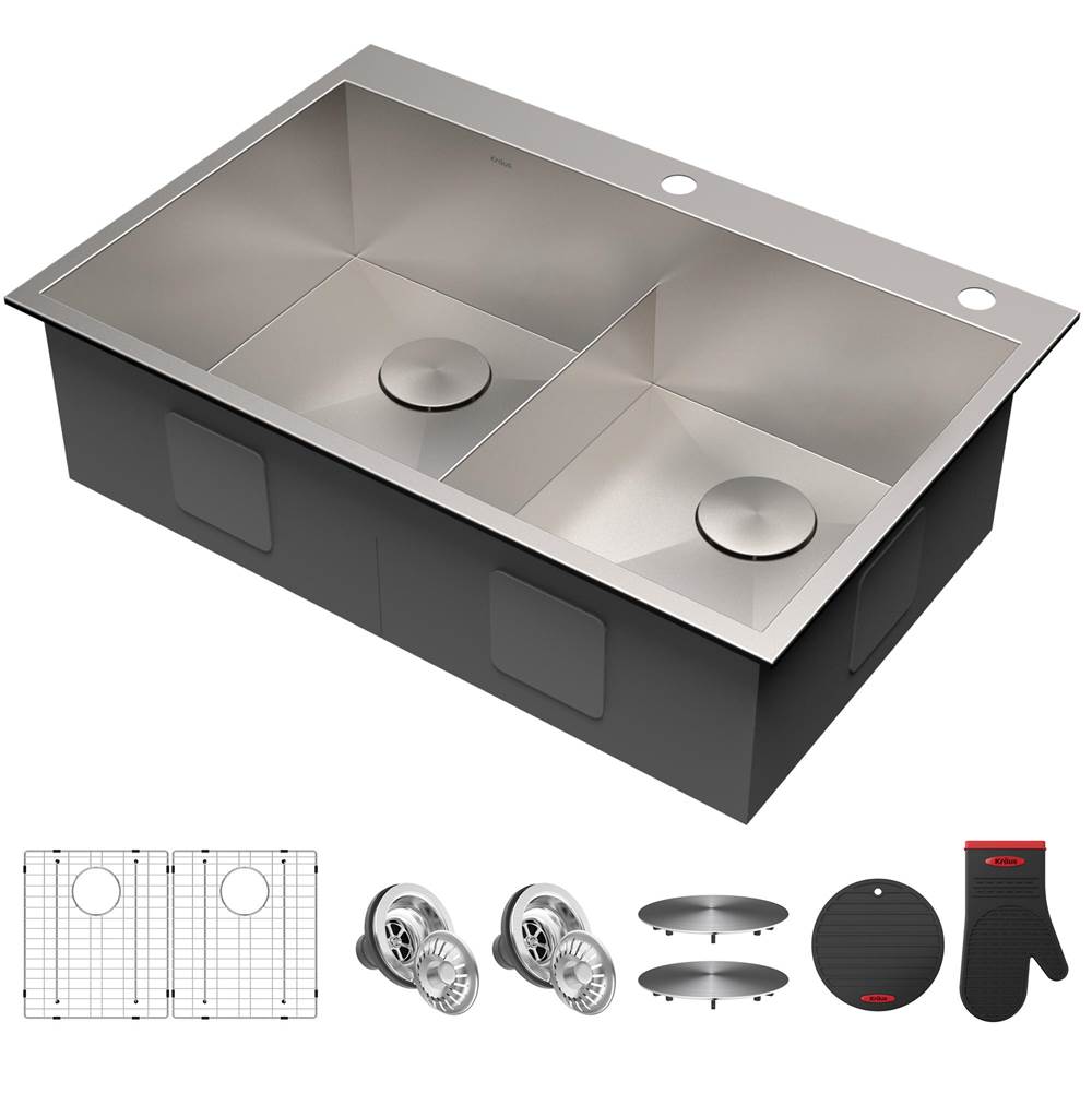 Kraus KRAUS 33 x 22 inch Pax™ Drop-In Topmount 16 Gauge Zero-Radius Double Bowl 2-Hole Stainless Steel Kitchen Sink