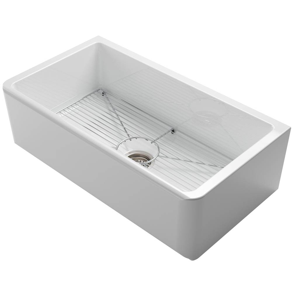 Kraus KRAUS Turino Reversible 33-inch Fireclay Farmhouse Flat Apron Front Single Bowl Kitchen Sink with Bottom Grid in Gloss White
