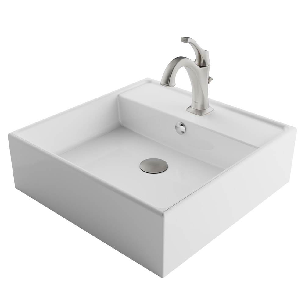Kraus Elavo 18 1/2-inch Square White Porcelain Ceramic Bathroom Sink with Overflow and Arlo Faucet Set with Lift Rod Drain, Stainless Brushed Nickel Finish