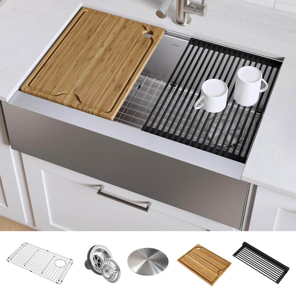 Kraus Kore Workstation 33-inch Farmhouse Flat Apron Front 16 Gauge Single Bowl Stainless Steel Kitchen Sink with Accessories (Pack of 5)
