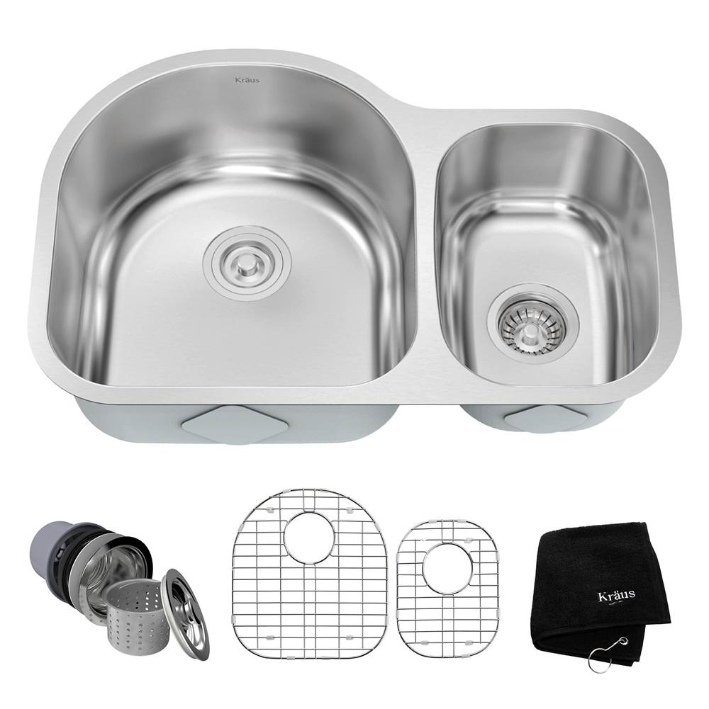 Kraus 30 Inch Undermount 60/40 Double Bowl 16 Gauge Stainless Steel Kitchen Sink with NoiseDefend Soundproofing