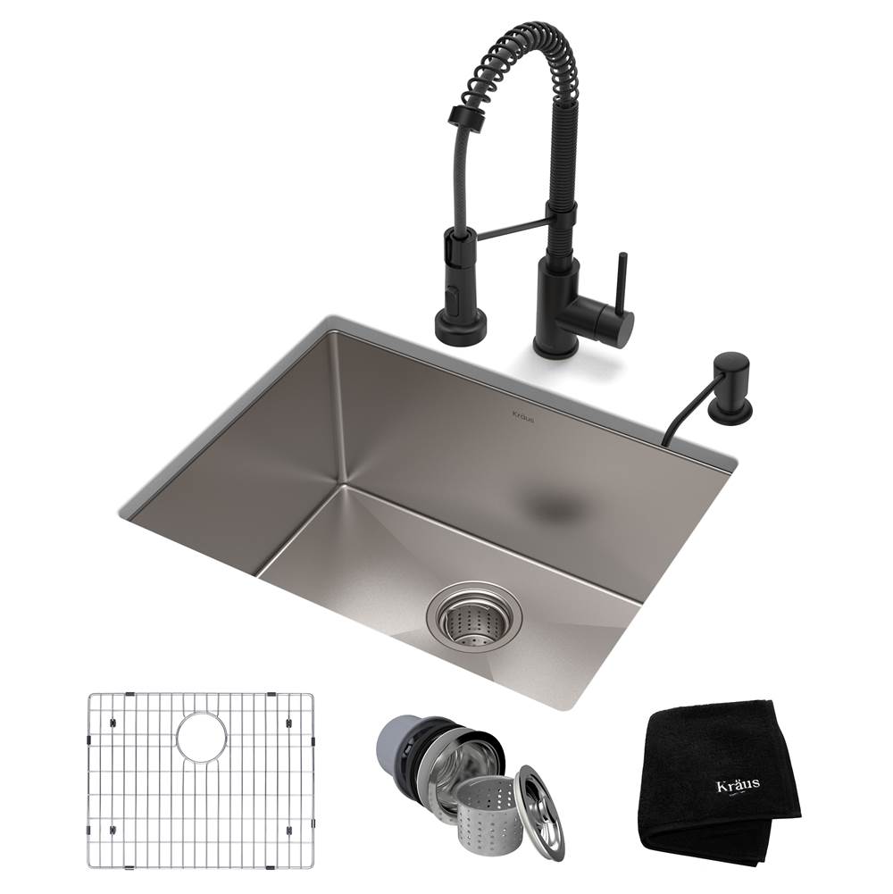 Kraus 23-inch 16 Gauge Standart PRO Kitchen Sink Combo Set with Matte Black Bolden 18-inch Kitchen Faucet and Soap Dispenser