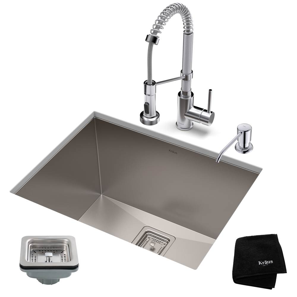 Kraus 24-inch 18 Gauge Pax Laundry and Utility Sink Combo Set with Bolden 18-inch Kitchen Faucet and Soap Dispenser, Chrome Finish