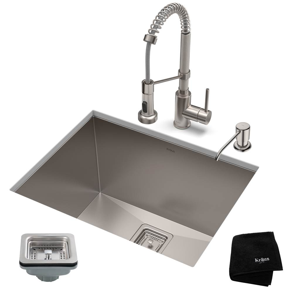 Kraus 24-inch 18 Gauge Pax Laundry and Utility Sink Combo Set with Bolden 18-inch Kitchen Faucet and Soap Dispenser, Stainless Steel Finish