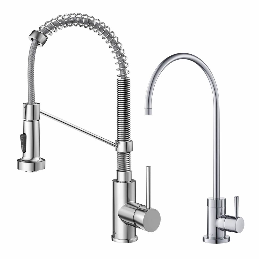 Kraus Bolden Commercial Style Pull-Down Kitchen Faucet and Purita Water Filter Faucet Combo in Chrome