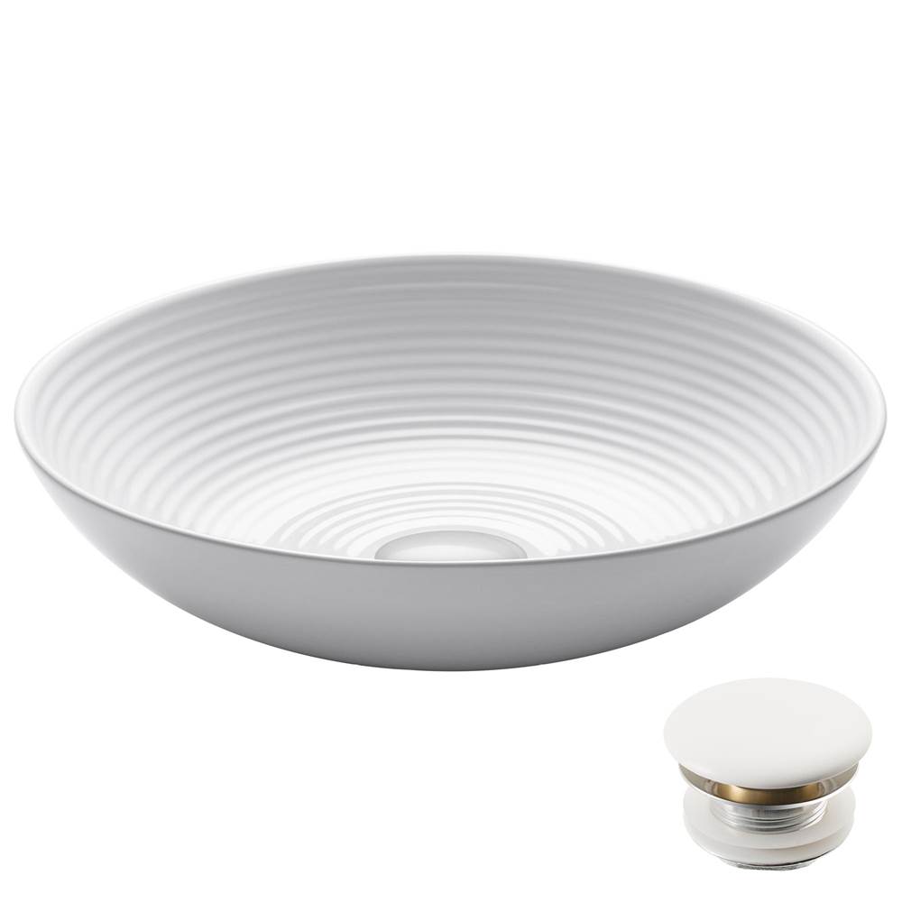 Kraus Viva Round White Porcelain Ceramic Vessel Bathroom Sink with Pop-Up Drain, 16 1/2 in. D x 4 3/8 in. H