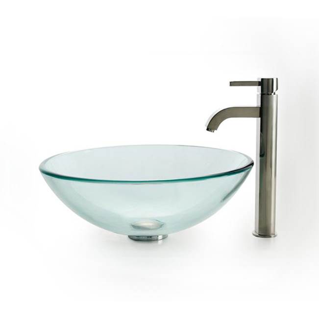 Kraus Glass Vessel Sink with Ramus Faucet in Satin Nickel