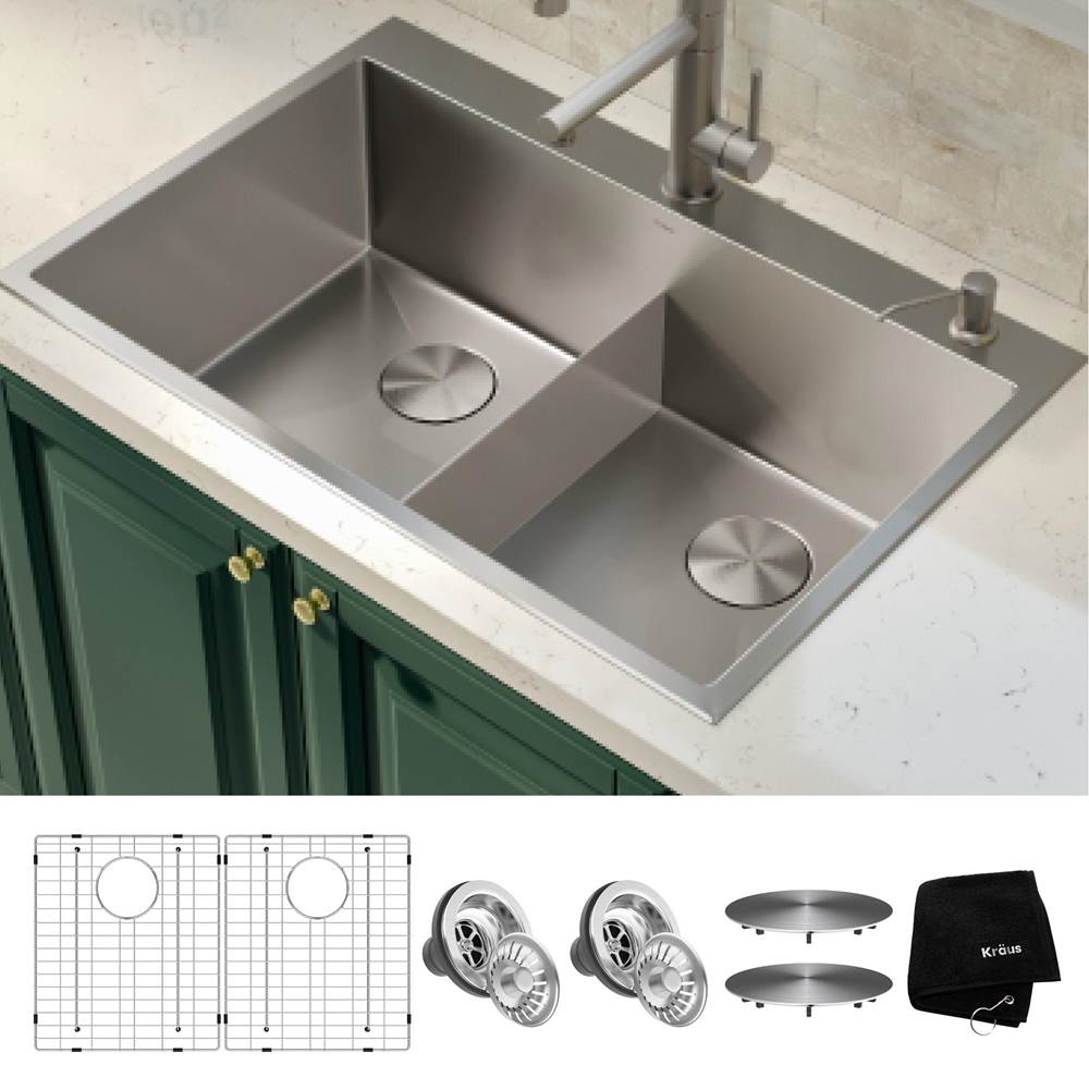 Kraus 33 X 22 Inch Standart Pro Drop In, Undermount 16 Gauge Double Bowl 2 Hole Stainless Steel Kitchen Sink