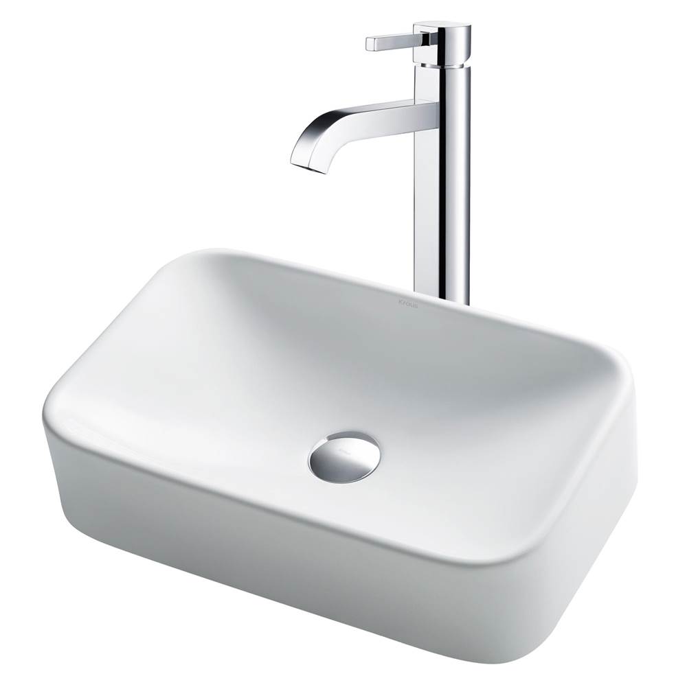 Kraus 19-inch Rectangular White Porcelain Ceramic Bathroom Vessel Sink and Ramus Faucet Combo Set with Pop-Up Drain, Chrome Finish