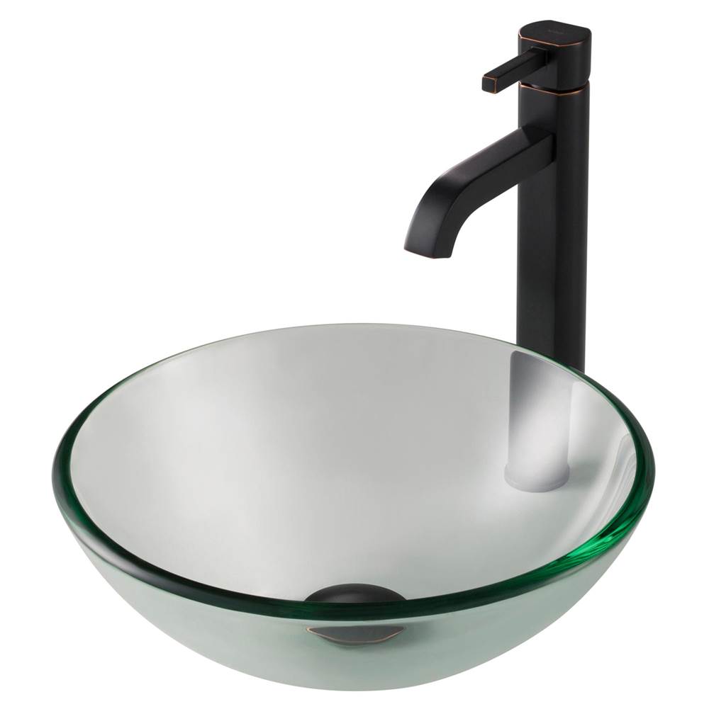 Kraus 14-inch Clear Glass Bathroom Vessel Sink and Ramus Faucet Combo Set with Pop-Up Drain, Oil Rubbed Bronze Finish