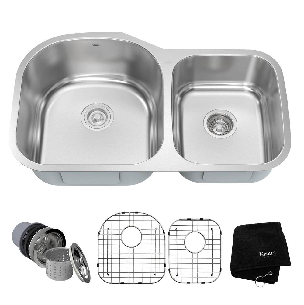 Kraus 35 Inch Undermount 60/40 Double Bowl 16 Gauge Stainless Steel Kitchen Sink with NoiseDefend Soundproofing