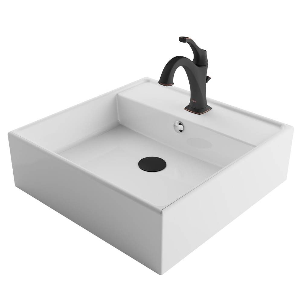Kraus Elavo 18 1/2-inch Square White Porcelain Ceramic Bathroom Sink with Overflow and Arlo Faucet Combo Set with Lift Rod Drain, Oil Rubbed Bronze Finish