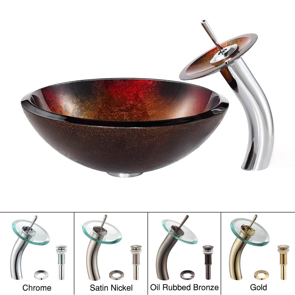 Kraus KRAUS Mercury Glass Vessel Sink in Red/Gold with Waterfall Faucet in Chrome