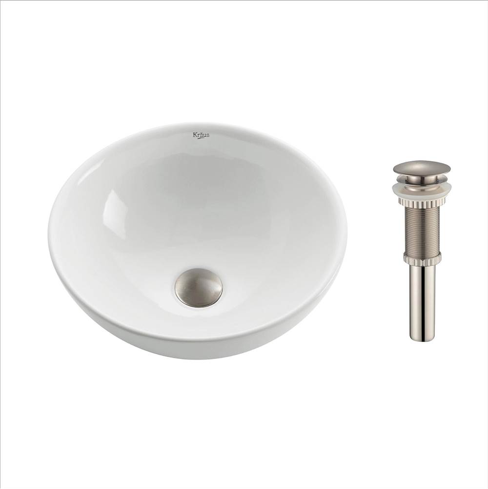 Kraus KRAUS Soft Round Ceramic Vessel Bathroom Sink in White with Pop-Up Drain in Satin Nickel