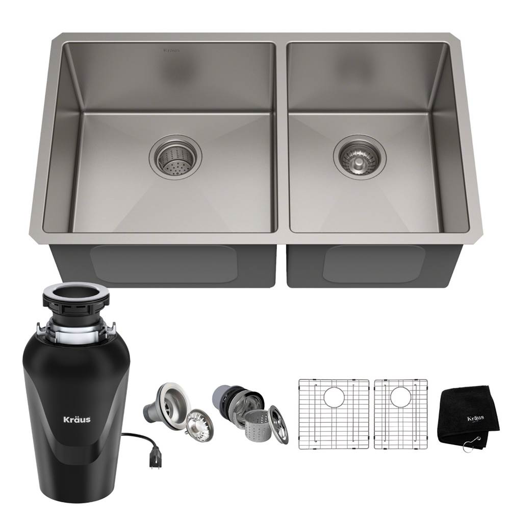 Kraus KRAUS Standart PRO 33-inch 16 Gauge Undermount 60/40 Double Bowl Stainless Steel Kitchen Sink with WasteGuard Continuous Feed Garbage Disposal