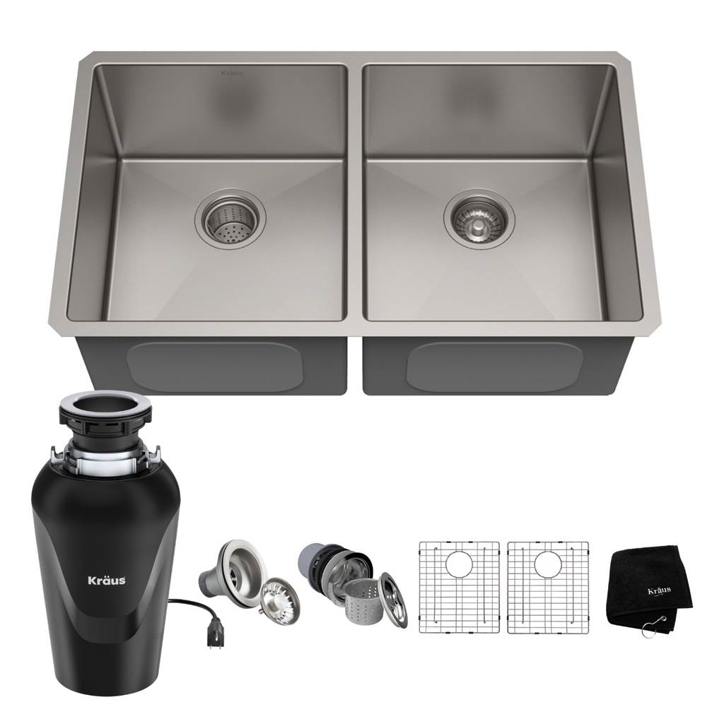 Kraus KRAUS Standart PRO 33-inch 16 Gauge Undermount 50/50 Double Bowl Stainless Steel Kitchen Sink with WasteGuard Continuous Feed Garbage Disposal
