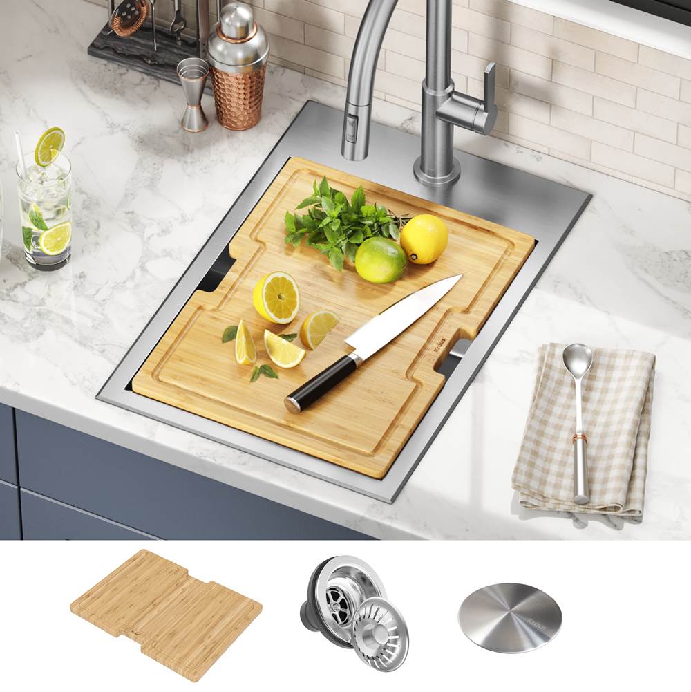 Kraus  Kore  15'' Drop-In Top Mount Workstation 16 Gauge Stainless Steel Single Bowl Kitchen Bar Sink with Accessories