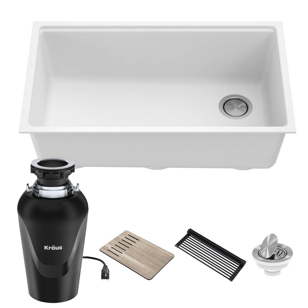 Kraus Bellucci Workstation 33 in. Undermount Granite Composite Single Bowl Kitchen Sink in White with Accessories with Garbage Disposal