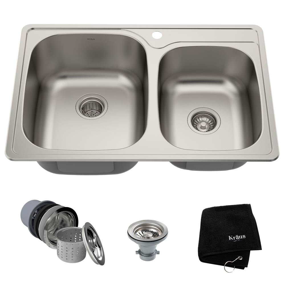 Kraus KRAUS 33 Inch Topmount 60/40 Double Bowl 18 Gauge Stainless Steel Kitchen Sink with NoiseDefend Soundproofing