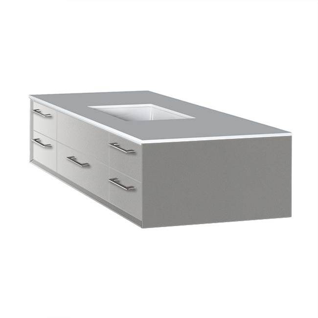 Lacava Cabinet of wall-mount under-counter vanity featuring five drawers and solid surface countertop with a cut-out for undermount sink on the right