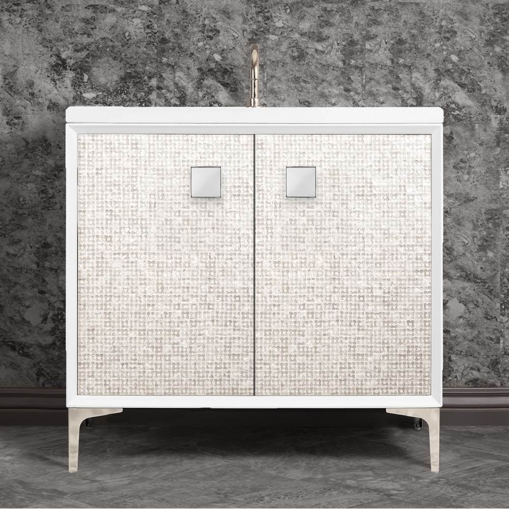 Linkasink MOTHER OF PEARL with 3'' Artisan Glass Prism Hardware 36'' Wide Vanity, White, Polished Nickel Hardware, 36'' x 22'' x 33.5'' (without vanity top)