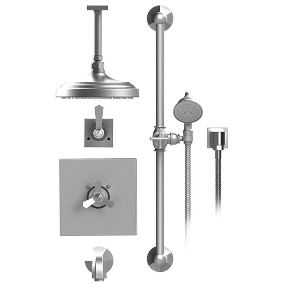 Rubinet Temperature Control Tub & Shower With Three Way Diverter & Shut-Off, Hand Held Shower, Bar, Integral Supply, Wall Mount Tub Filler Spout & Shower Head