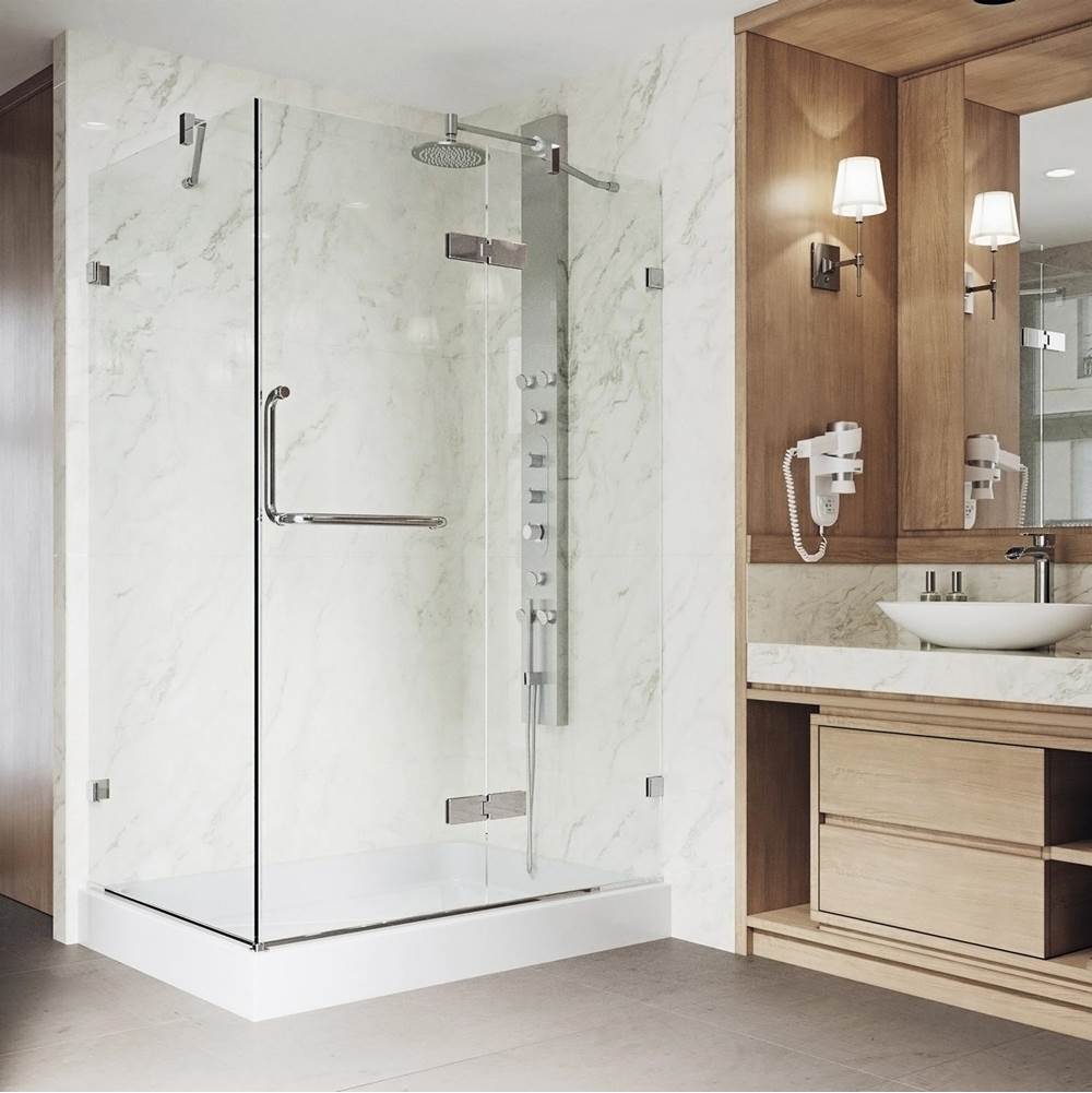 Vigo Monteray 32.375 W X 70.75 H Frameless Hinged Shower Enclosure In Chrome With Shower Base And Handle