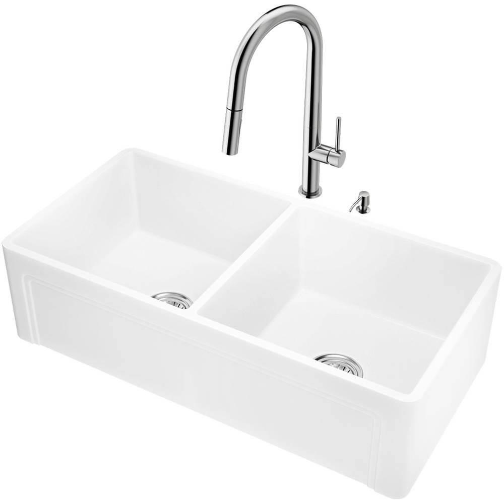 Vigo All-In-One Farmhouse White Matte Stone 36-In. Double Bowl Casement Apron Front Kitchen Sink, Greenwich Pull-Down Faucet, And Soap Dispenser Set In