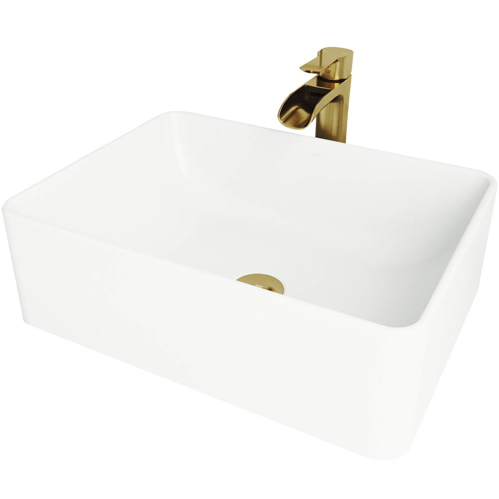 Vigo Amaryllis Matte Stone Bathroom Vessel Sink And Niko Vessel Faucet In Matte Brushed Gold With Pop-Up Drain