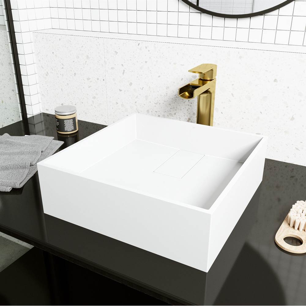 Vigo Bryant Square MatteStone Vessel Bathroom Sink with Amada Bathroom Faucet and Pop-Up Drain in Matte Brushed Gold
