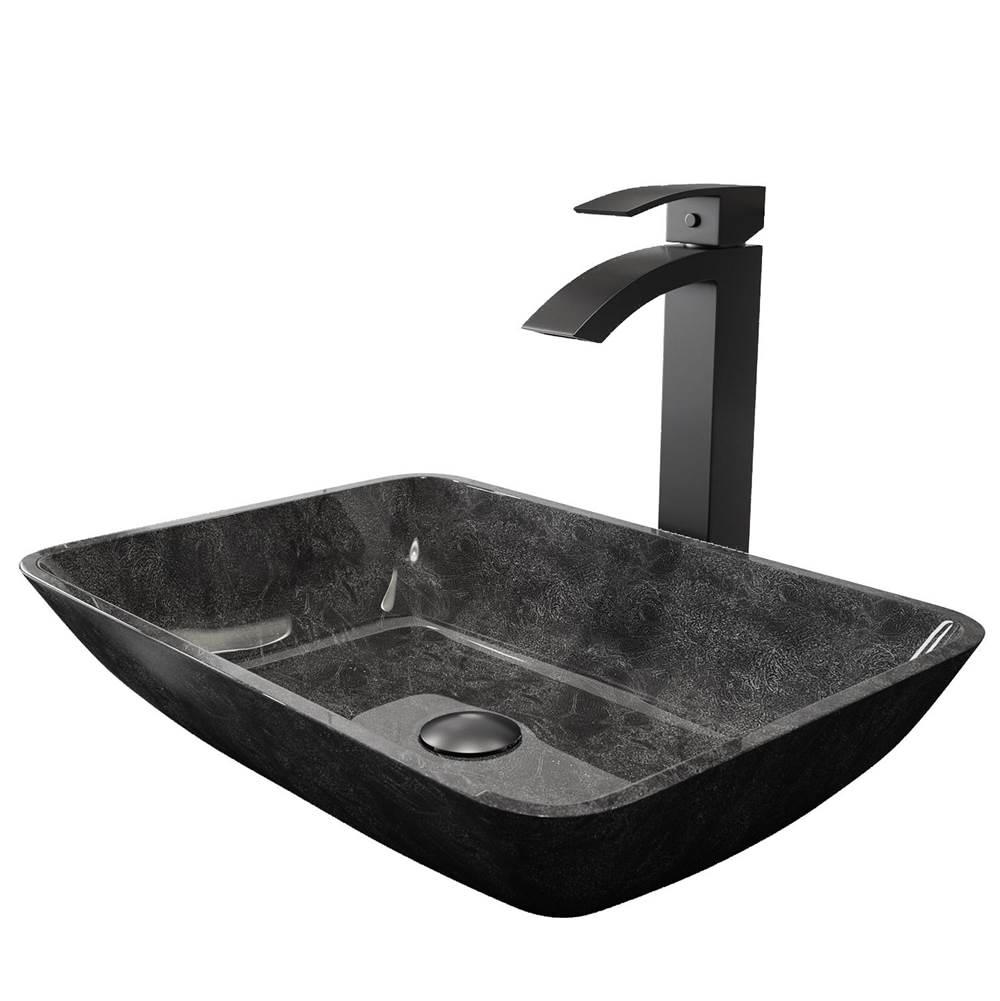 Vigo Rectangular Gray Onyx Glass Vessel Bathroom Sink Set With Duris Vessel Faucet In Matte Black With Pop-Up Drain