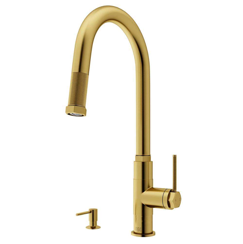 Vigo Hart Arched Single Handle Pull-Down Spout Kitchen Faucet Set with Soap Dispenser in Matte Brushed Gold