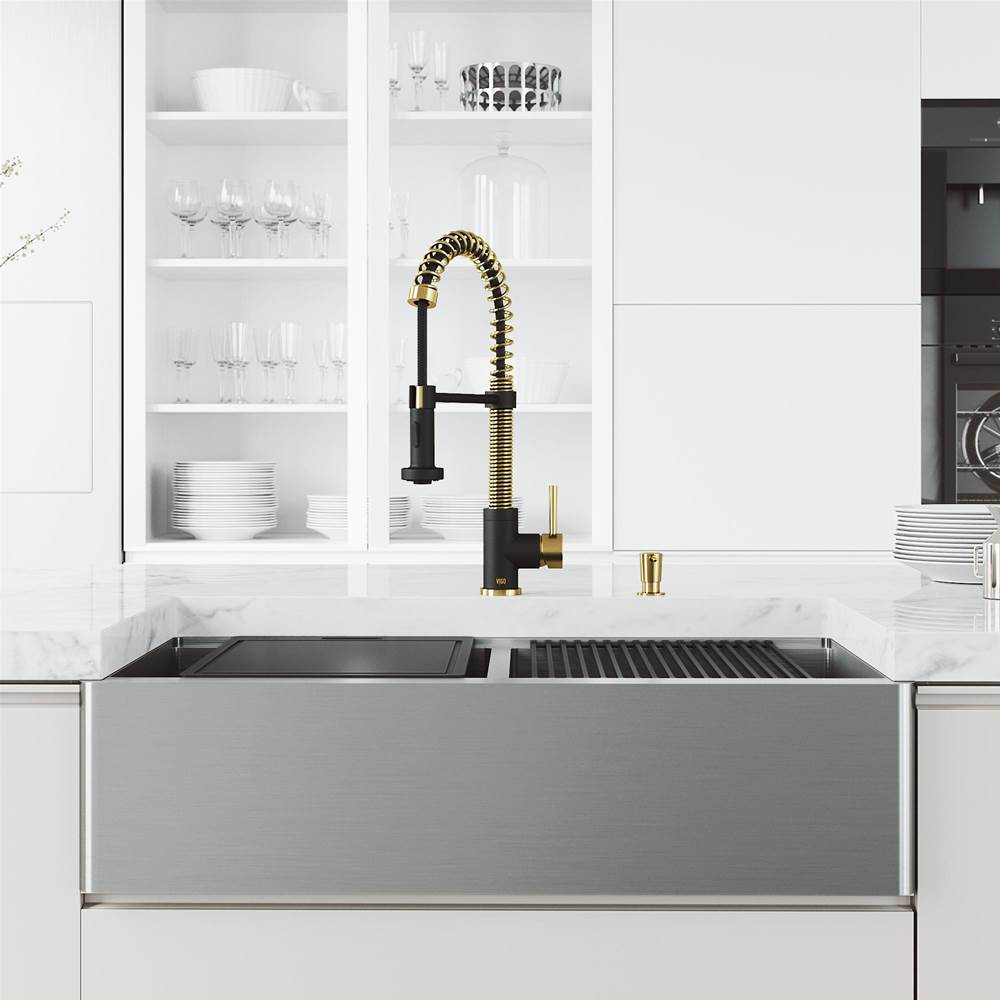 Vigo 36 in. Double Bowl Oxford Apron Front Stainless Steel Farmhouse Sink with Edison Faucet in Matte Brushed Gold and Matte Black