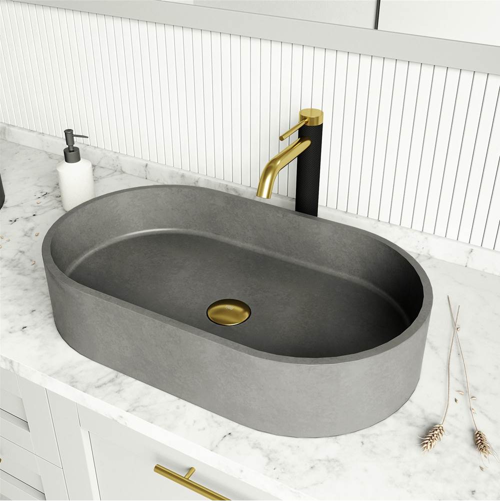 Vigo ConcretoStone Oval Vessel Bathroom Sink with Lexington Bathroom Faucet and Pop-Up Drain in Matte Brushed Gold