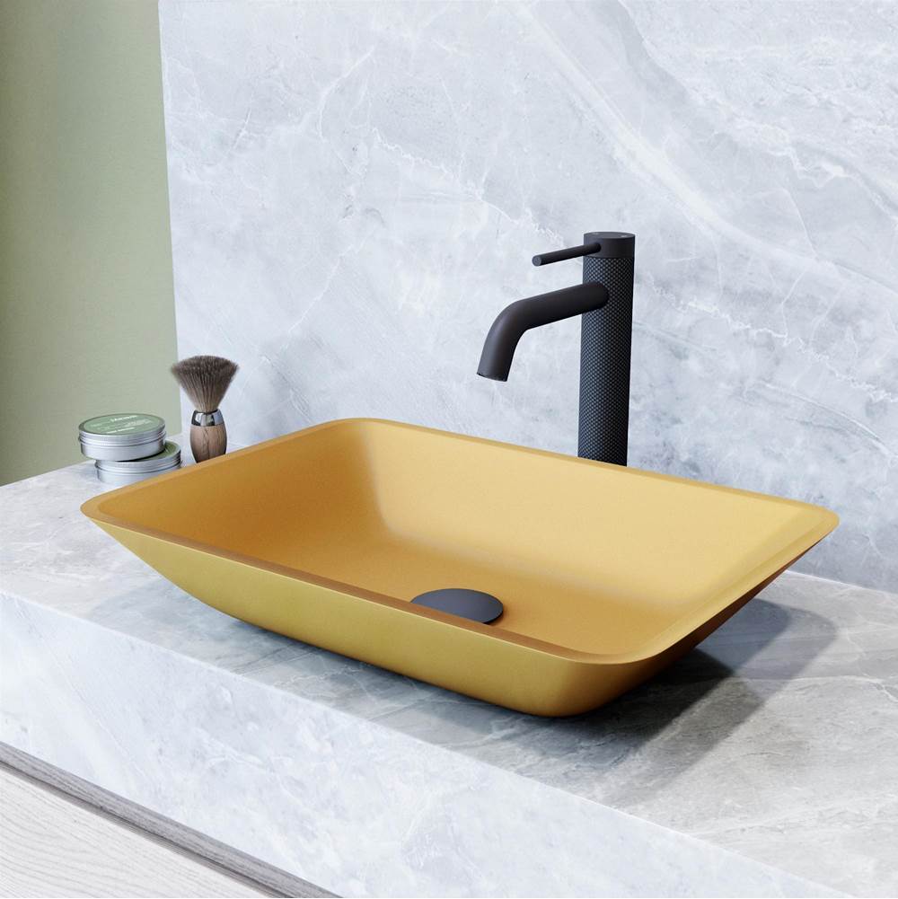 Vigo Matte Shell Sottile Glass Rectangular Vessel Bathroom Sink in Gold with Lexington Faucet and Pop-up Drain in Matte Black