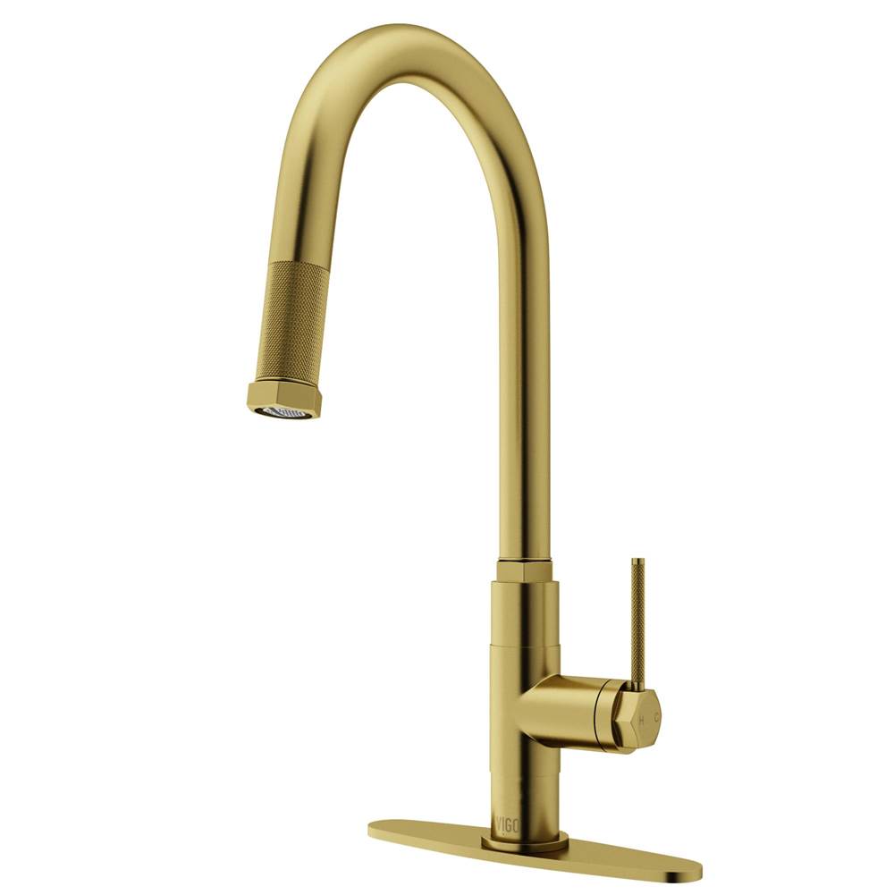 Vigo Hart Arched Single Handle Pull-Down Spout Kitchen Faucet Set with Deck Plate in Matte Brushed Gold