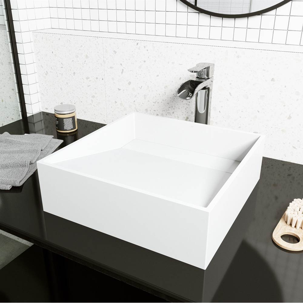 Vigo Starr Square MatteStone Vessel Bathroom Sink with Niko Vessel Bathroom Faucet and Pop-Up Drain in Chrome