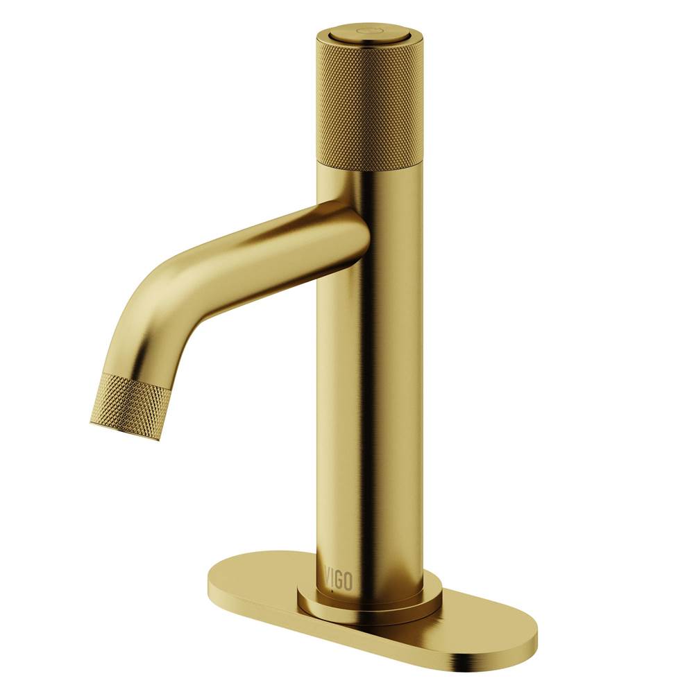Vigo Apollo Button Operated Single-Hole Bathroom Faucet Set with Deck Plate in Matte Brushed Gold