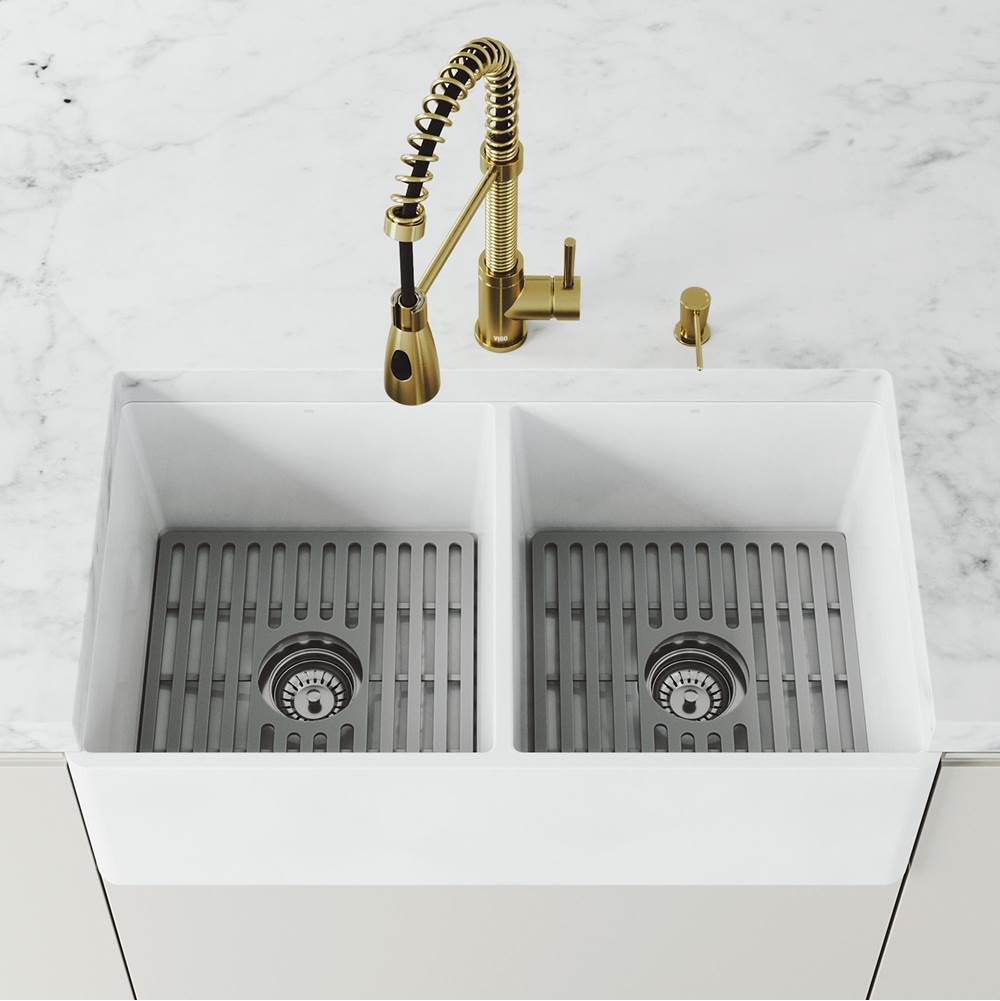 Vigo Matte Stone 33-In X 18-In White Double-Basin Standard Undermount Flat Apron Front/Farmhouse Residential/Commercial Kitchen Sink Set With Sil